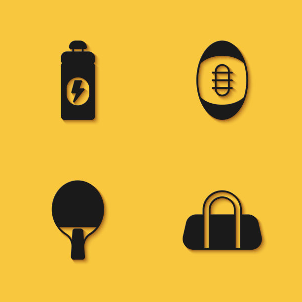 集健身摇床，运动包，球拍和美式橄榄球图标长阴影。向量图片下载