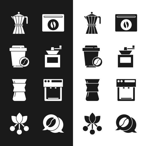 设置手动咖啡研磨机，咖啡杯去，摩卡壶，袋豆，倒在制造商，机器，和对话和豆，分支图标。向量图片下载