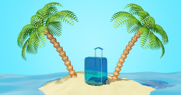 带着行李箱和一棵棕榈树的桑迪岛。海滩暑假旅游。三维渲染图片下载