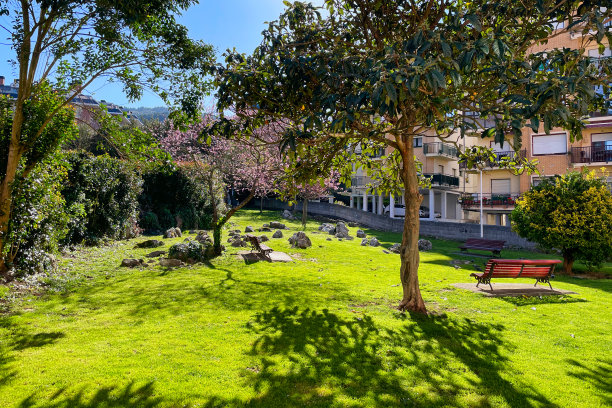 春天公园里有城市里的长椅图片下载