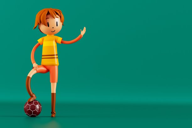 3D男孩角色足球运动员在足球行动。3 d演示。运动背景概念。男人踢运动。体育动作人。图形壁纸。卡通游戏足球。创意海报布局图片下载