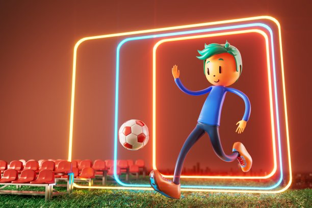 3D男孩角色足球运动员在足球行动。3 d演示。运动背景概念。男人踢运动。体育动作人。图形壁纸。卡通游戏足球。创意海报布局图片下载