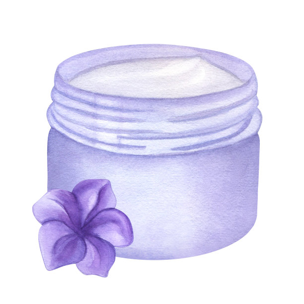 一罐保湿面霜面膜。紫色的花。护肤美容程序。手绘水彩插图孤立的白色背景。对于美容行业。美容图片下载