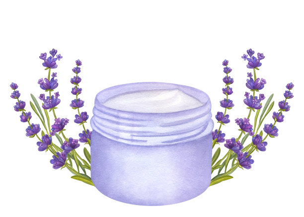 紫色薰衣草花。一罐保湿面霜面膜。护肤美容程序。手绘水彩插图孤立的白色背景。对于美容行业。美容图片下载