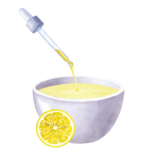 柠檬精油。移液器滴入碗中。圆形的柑橘片。手绘水彩插图孤立的白色背景。用于化妆品包装、美容杂志、标识图片下载