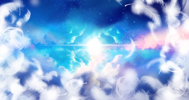 大尺寸的梦幻景观插图，一个美丽的天堂入口和蓬松的白色翅膀的天使跳舞，神圣地透过彩虹色的云。图片下载