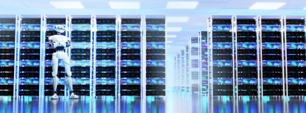 机器人站在大现代服务器室，数据中心或矿场内部与美丽的霓虹灯反射。图片下载