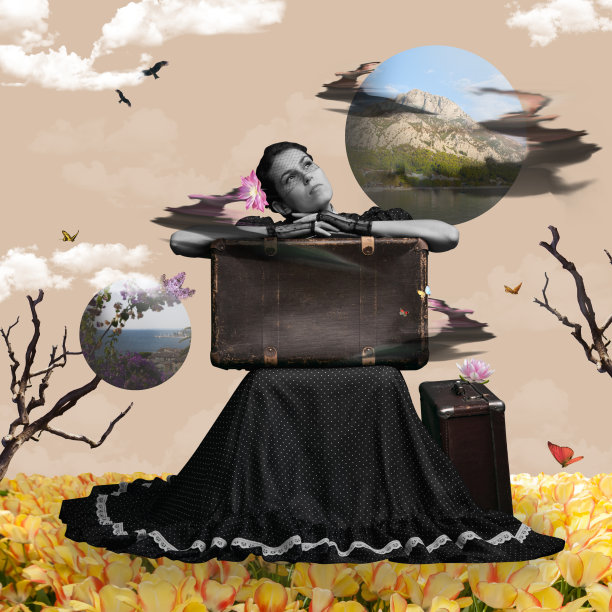 带着复古行李箱的年轻女子坐在郁金香泉地里，梦想着旅行。自然景观。当代艺术拼贴。图片下载