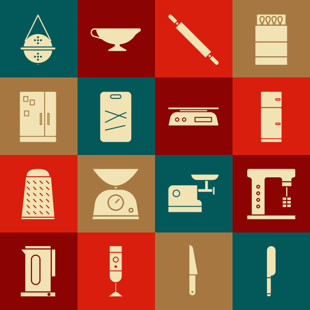集刀，电动搅拌机，冰箱，擀面杖，砧板，球茶过滤器和电子秤图标。向量图片下载
