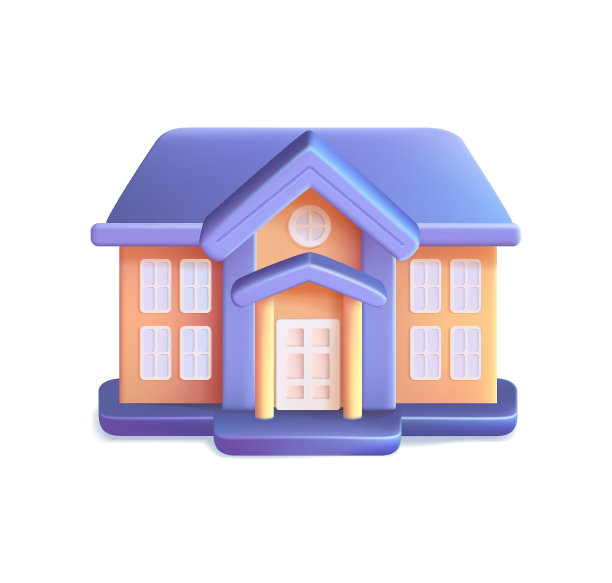 3D现代学校图标。学校有一片绿色的草坪。图标。在白色背景上孤立的3D渲染矢量插图。图片下载