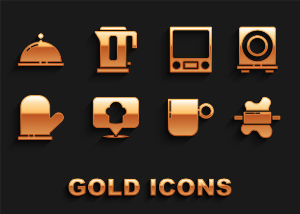 设置厨师帽与位置，电炉，擀面杖面团，咖啡杯，烤箱手套，电子秤，有盖托盘食品和水壶图标。向量图片下载