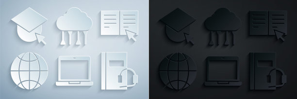 集笔记本电脑，在线图书，社交网络，音频，网络云连接和毕业帽全球图标。向量图片下载