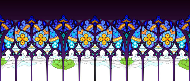 彩色玻璃装饰。无缝花纹装饰。哥特式窗户风格。印刷织物，壁纸，背景，横幅，设计。矢量插图。图片下载