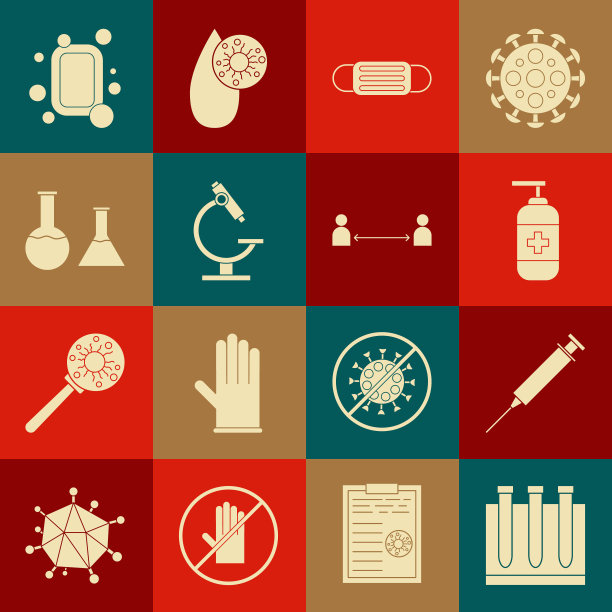 设置血液测试和病毒，注射器，瓶液体抗菌皂，医用防护口罩，显微镜，试管烧瓶，酒吧和安全距离图标。向量图片下载