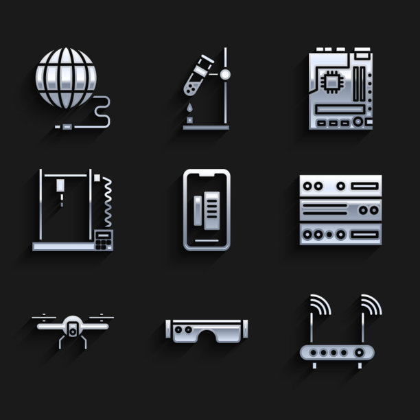 集智能手机，手机，眼镜，路由器和wi-fi信号，服务器，数据，网络托管，无人机飞行，3D打印机，主板和社交网络图标。向量图片下载