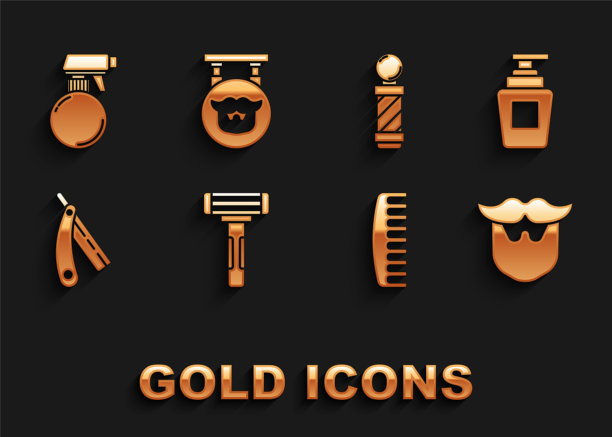 集剃须剃刀，瓶洗发水，胡子和胡须，发刷，直，经典理发店杆，理发师手枪喷雾瓶和理发店的图标。向量图片下载