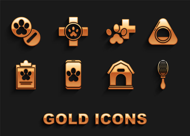 设置在线兽医诊所标志，宠物床，毛刷狗和猫，狗的房子，剪贴板与医疗临床记录宠物，兽医，药丸和图标。向量图片下载