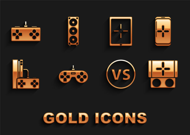 游戏手柄、手机游戏、便携式游戏机、VS对战、操纵杆、平板电脑和立体声扬声器图标矢量素材图片下载