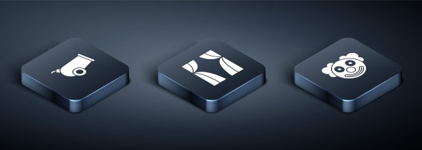 设置等距大炮，小丑头和马戏团帷幕上升图标。向量图片下载