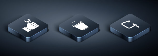 设置等距扳手，扳手，夹具和螺丝工具和桶图标。向量图片下载