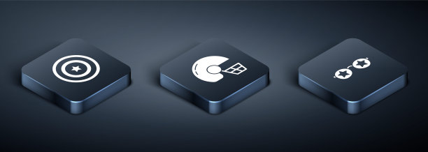 集等距美国星盾，眼镜与明星和足球头盔图标。向量图片下载