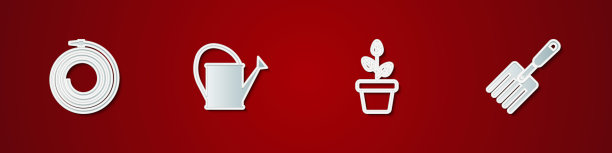 设置花园软管或消防软管，喷壶，花盆和叉子图标。向量图片下载