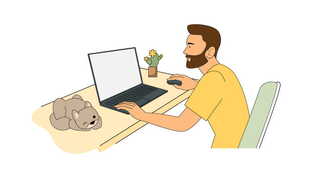 一个男人穿着家常衣服，坐在桌子前用电脑工作，身边有一棵仙人掌和一只猫。矢量插图在平面卡通风格图片下载