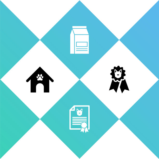 集狗屋和爪印宠物，证书的狗或猫，袋的食物和奖励符号图标。向量图片下载