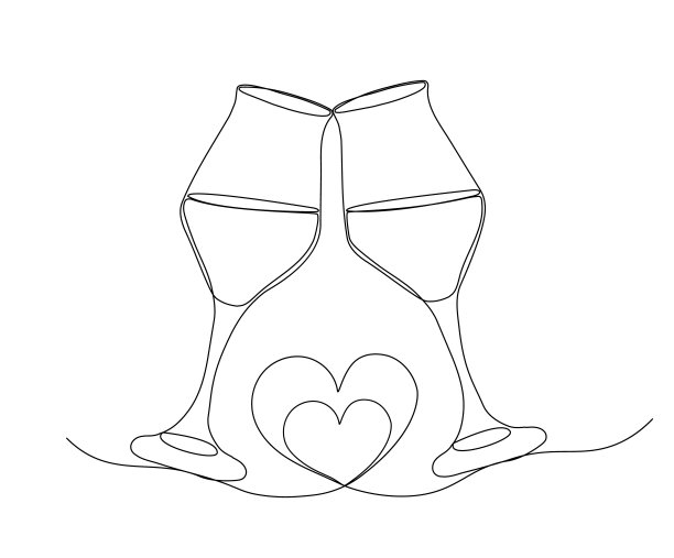 干杯两杯香槟心形线性风格。一条连续的单线。向量illustratiion。图片下载