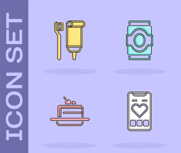 设置移动心率，牙刷和牙膏，蛋糕和汽水罐图标。向量图片下载