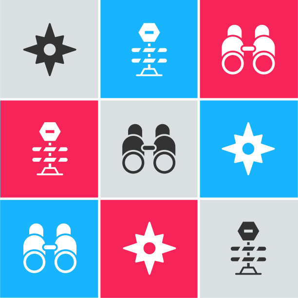 设置风玫瑰，道路障碍和双筒望远镜图标。向量图片下载