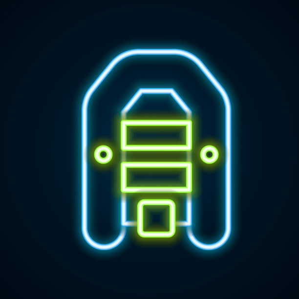 发光的霓虹灯线充气船与舷外电机图标孤立的黑色背景。色彩缤纷的轮廓概念。向量图片下载