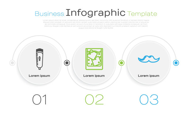 电动理发器或剃须刀，一杯威士忌和冰块和胡子。业务信息图表模板。向量图片下载
