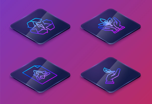 设定等距线电池回收标志、纸张回收标志、环保植物到手、环保嫩芽到手。蓝色方形按钮。向量图片下载