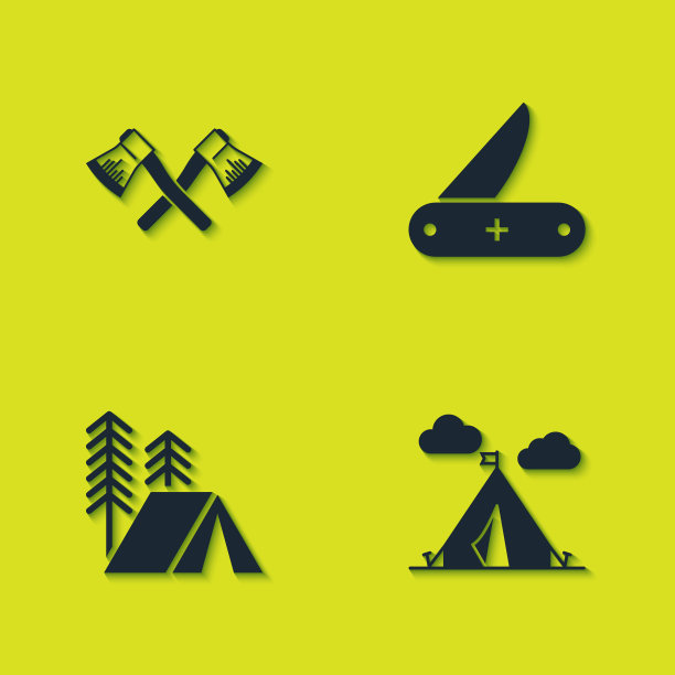 集交叉木斧，旅游帐篷与旗帜，和瑞士军刀图标。向量图片下载