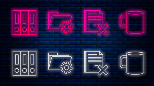 设置行文件夹设置与齿轮，删除文件文件，办公文件夹与纸张和文件和咖啡杯平面。砖墙上发光的霓虹灯图标。向量图片下载