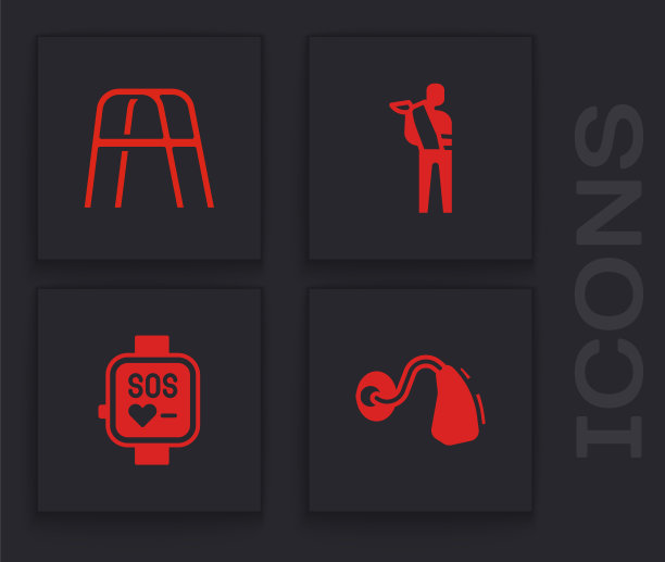 设置助听器，助行器，人断臂和智能手表图标。向量图片下载