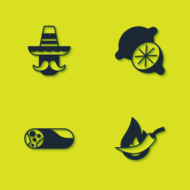 集墨西哥人宽边帽，辣椒荚，墨西哥卷饼和石灰图标。向量图片下载