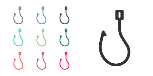 黑色钓鱼钩图标孤立的白色背景。渔具。设置图标彩色。向量图片下载