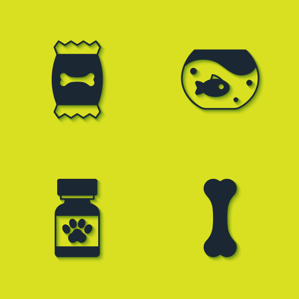 集食品袋宠物，狗骨头，药瓶和药丸和水族馆与鱼的图标。向量图片下载