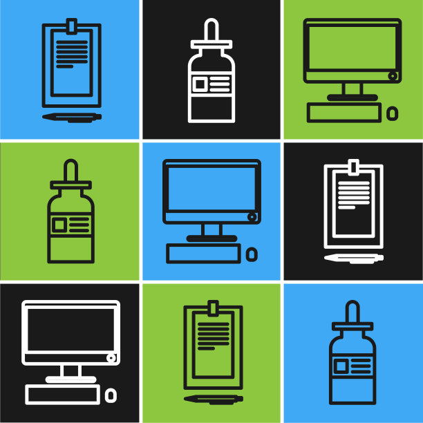 设置线剪贴板与文件，电脑显示器与键盘和鼠标和玻璃瓶移液器图标。向量图片下载