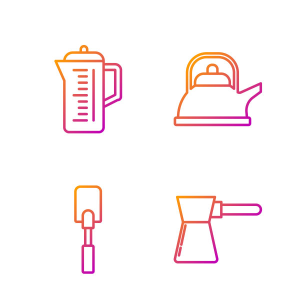 咖啡壶，抹刀，茶壶和带把手的水壶。渐变颜色图标。向量图片下载
