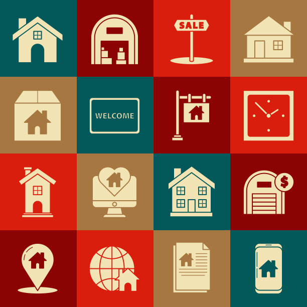集智能家居手机，仓库美元符号，时钟，悬挂标志文字销售，门垫欢迎，纸箱，房子和图标。向量图片下载