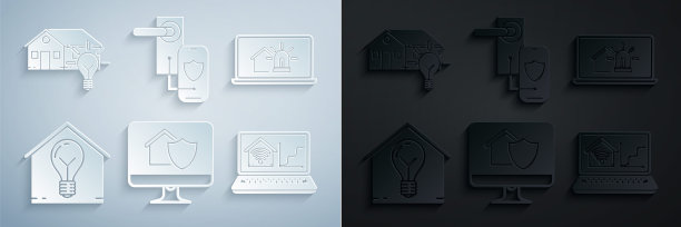 设置电脑监视器与房屋保护，笔记本电脑智能和报警，智能灯泡，家庭wi-fi，数字门锁无线技术锁和图标。向量图片下载