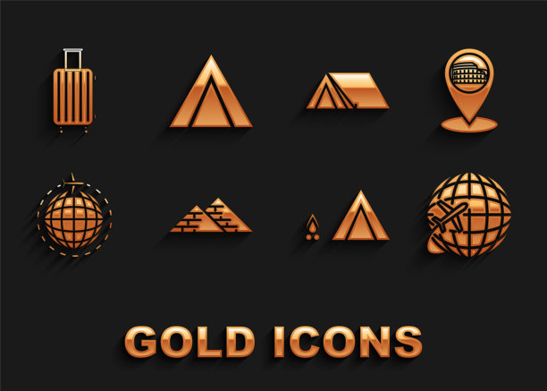 集埃及金字塔，地图指针与罗马竞技场，意大利，全球飞行飞机，旅游帐篷木材火，行李箱旅行和图标。向量图片下载