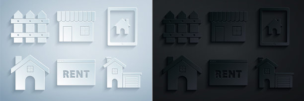 在线租赁，平板电脑和智能家居，房屋，购物大楼或市场商店和花园围栏木制图标设置悬挂标志。向量图片下载