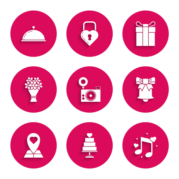 集相机，婚礼蛋糕与心，音乐笔记，音调心，铃声，地图指针，花束，礼盒和覆盖托盘食品图标。向量图片下载