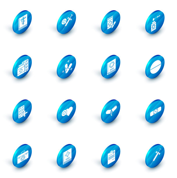 设置医疗注射器针头，药瓶和药丸，喷嘴喷雾，药丸泡罩包装，或药片，和书的图标。向量图片下载