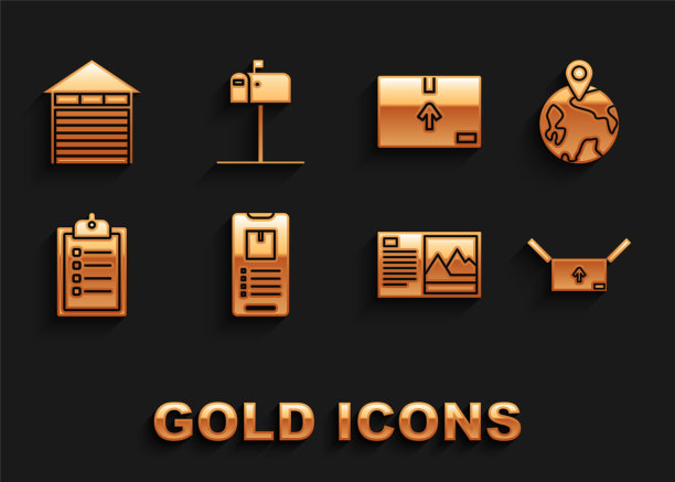 设置手机与应用程序交付跟踪，全球，纸箱交通标志，明信片，验证列表剪贴板，关闭仓库和打开邮件图标。向量图片下载