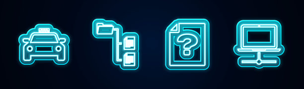 设置线路出租汽车，文件夹树，未知文件和计算机网络。发光的霓虹灯图标。向量图片下载